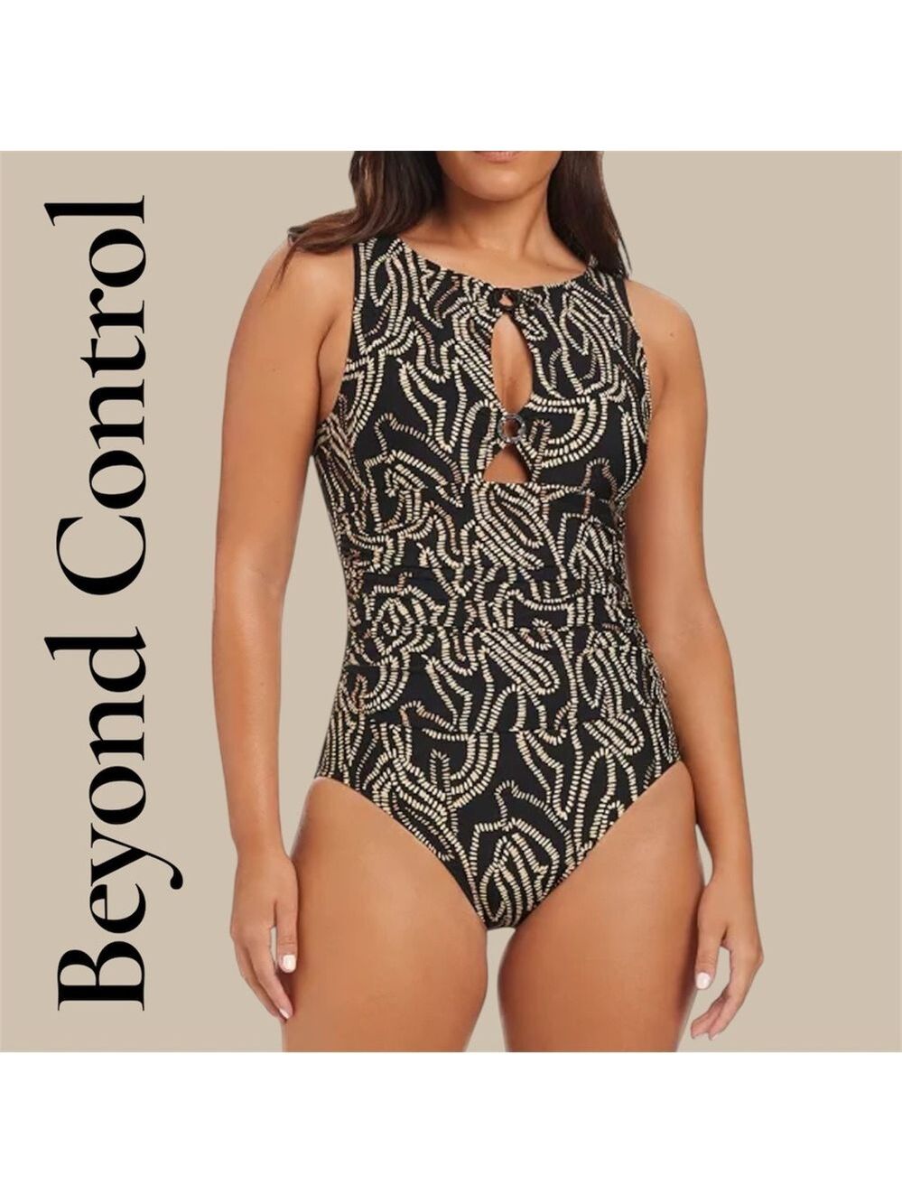 Beyond Control Black Tummy Control Swimsuit w/Tan Chain Print. Size 14. EUC! - Picture 1 of 12
